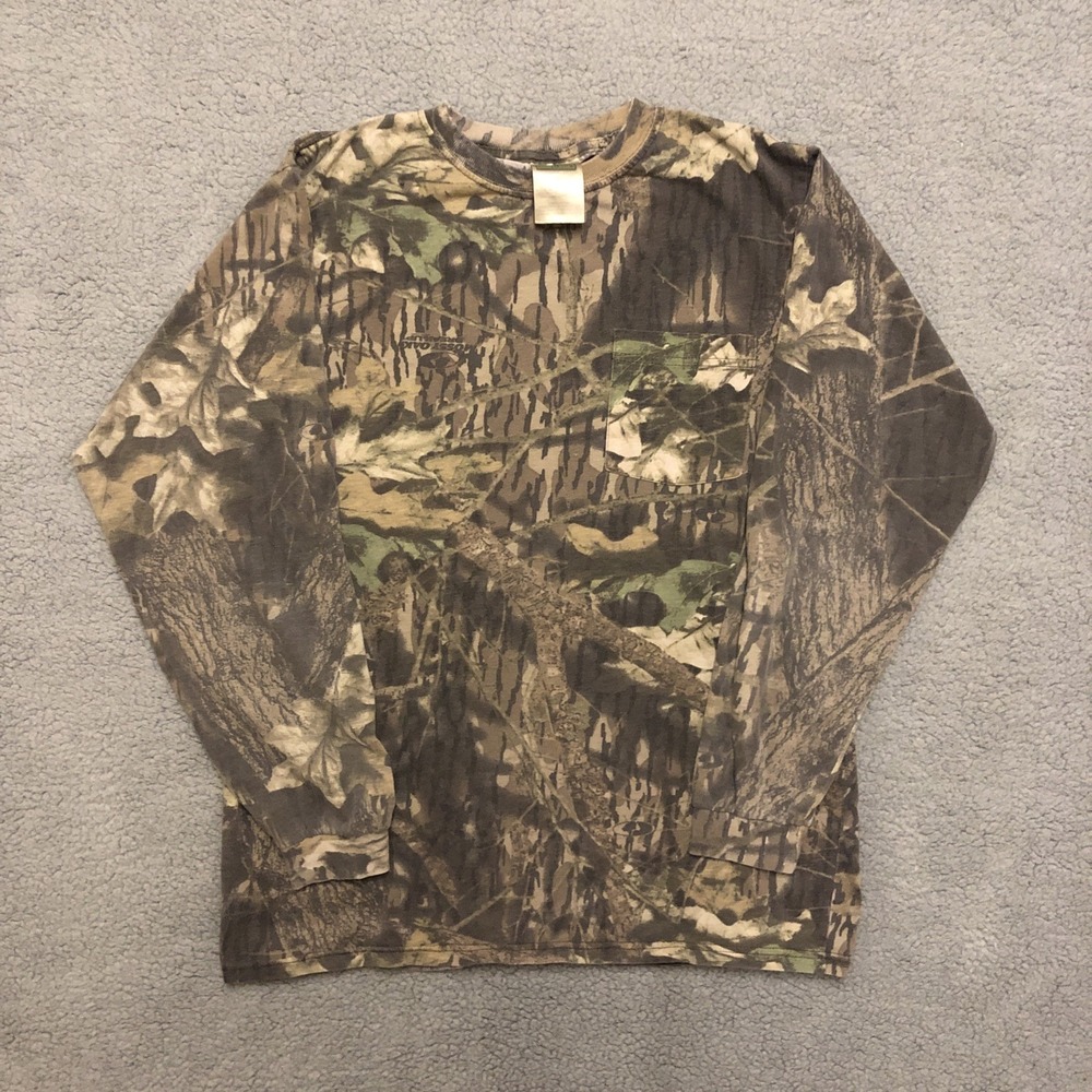 Vintage Mossy Oak Long‎ Sleeve Pocket T-Shirt Size M Field Staff 100% Cotton Tee